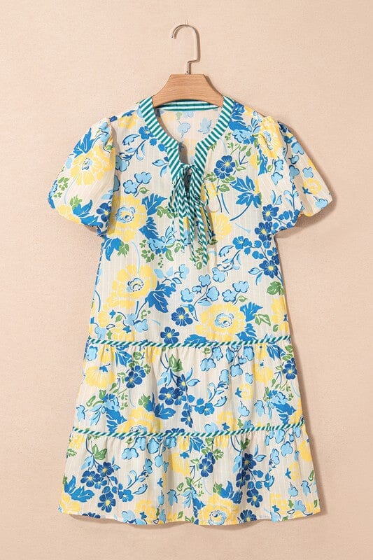 Blue and Yellow Floral Tiered Dress Shewin 