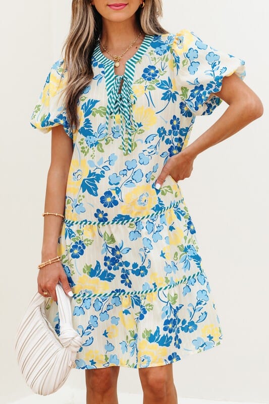 Blue and Yellow Floral Tiered Dress Shewin 