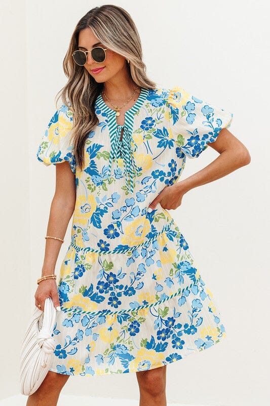 Blue and Yellow Floral Tiered Dress Shewin 