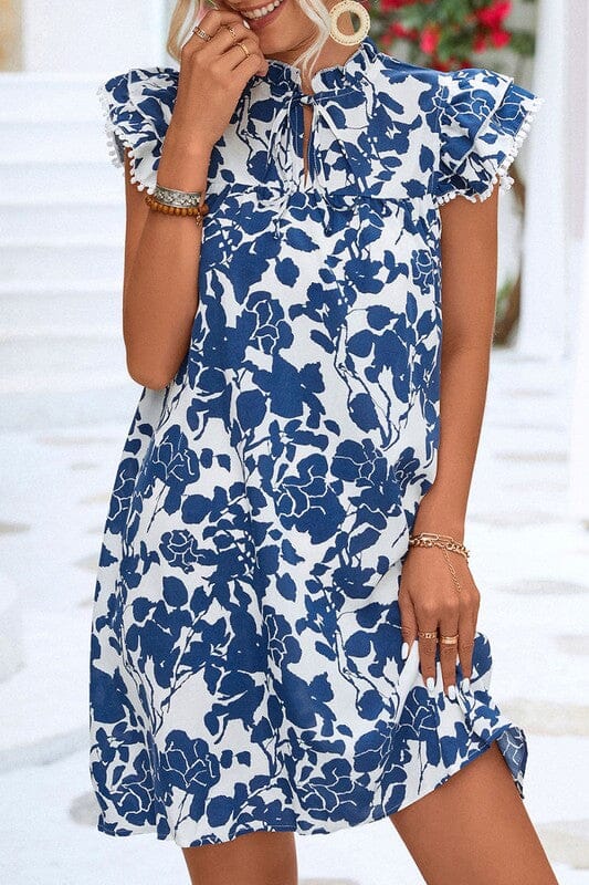 Blue Boho Floral Flutter Sleeve Dress Kentce 