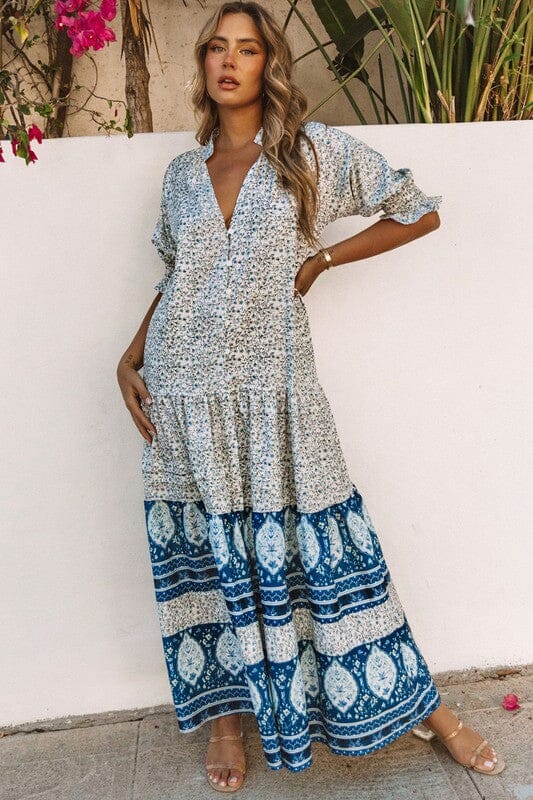 blue dress for baby girl Positano Blue & White Patterned Smocked Spaghetti Strap Maxi Dress – Dazey  Hill main image 1
