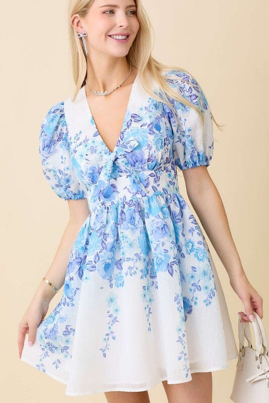 Blue Border Floral Puff Sleeve Dress Main Strip 