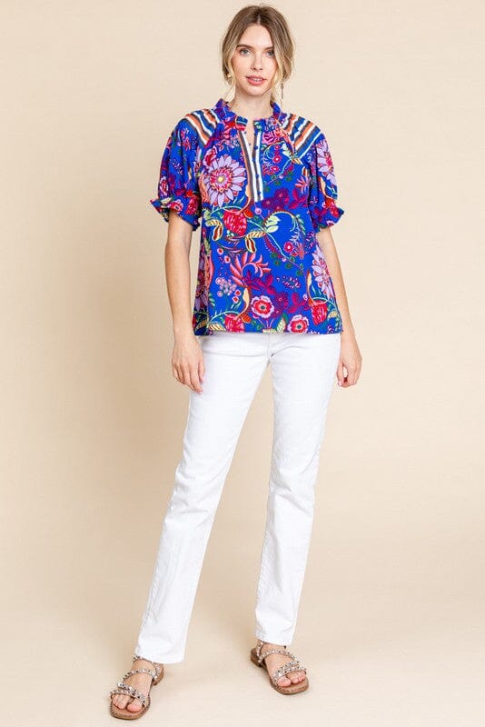 Blue Fiesta Puff Sleeve Top Jodifl 