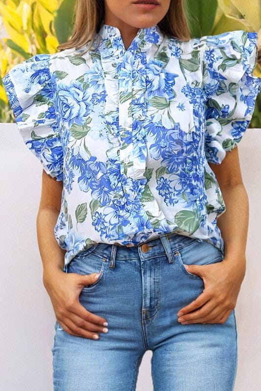 Blue Floral Double Flutter Top Shewin 