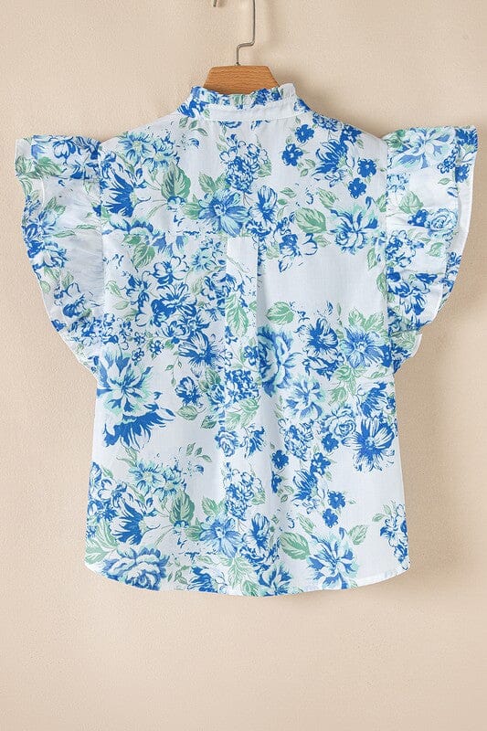 Blue Floral Double Flutter Top Shewin 