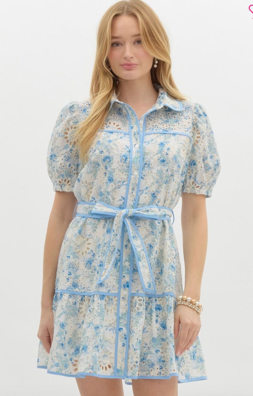 Blue Floral Eyelet Tie Waist Dress entro 