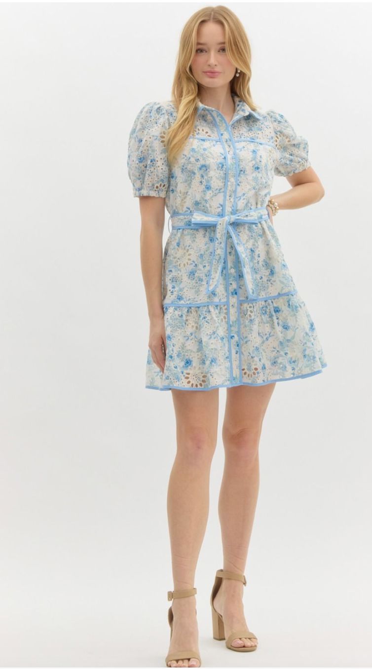 Blue Floral Eyelet Tie Waist Dress entro 
