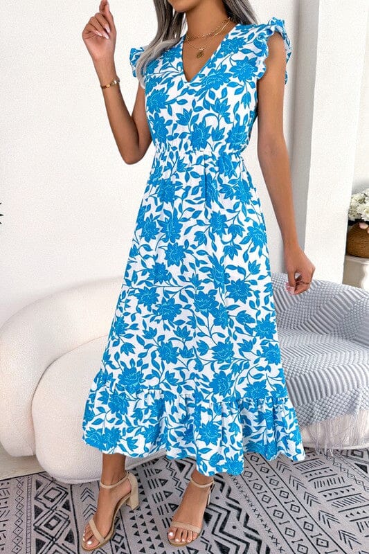 Blue Floral Flutter Sleeve Midi Asia Direct 