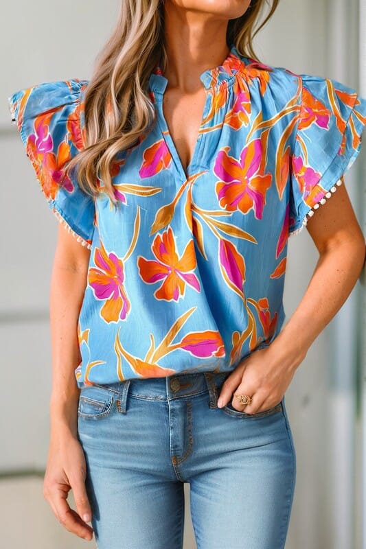Blue Floral Flutter Sleeve with Pom Pom Trim Shewin 