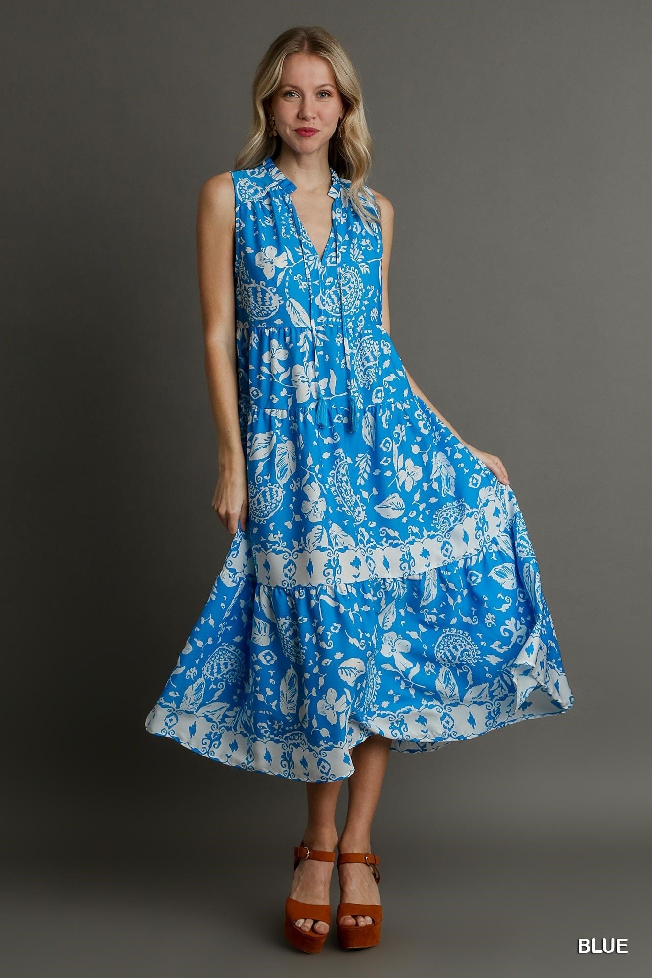 Blue Floral Paisley Midi Dress Umgee 