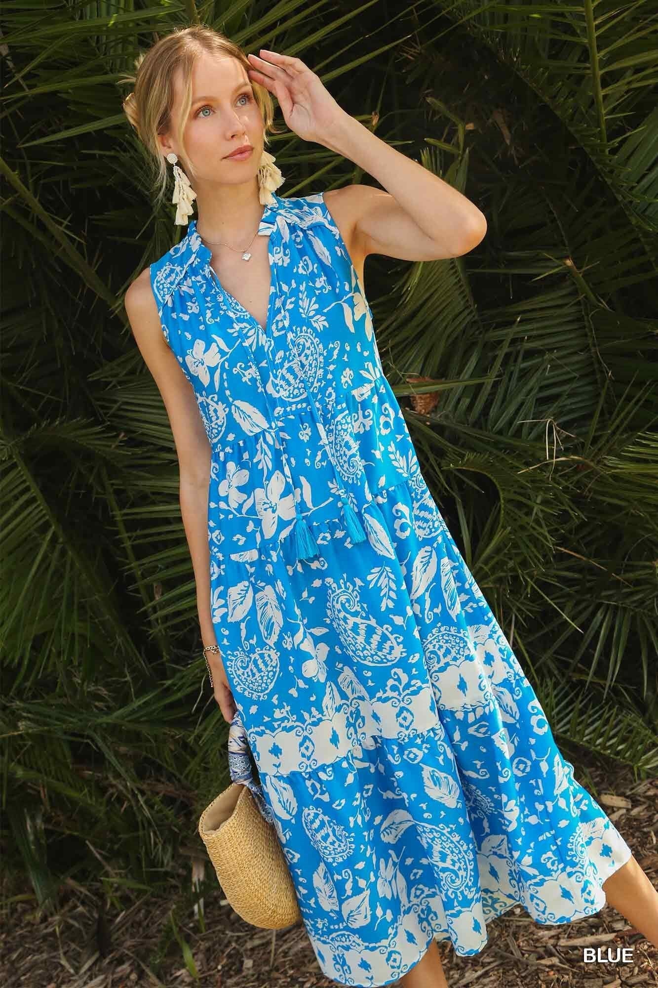 Blue Floral Paisley Midi Dress Umgee 