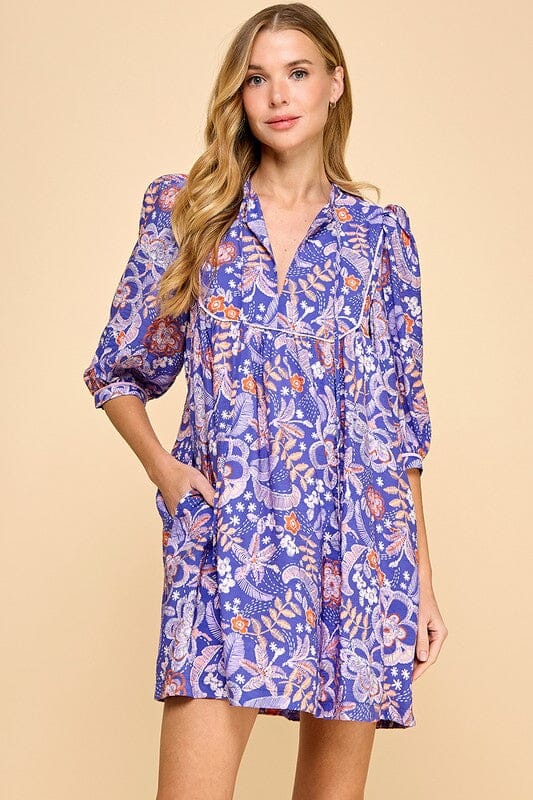 Blue Floral Print Bib Dress TCEC 