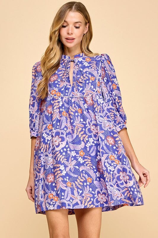 Blue Floral Print Bib Dress TCEC 