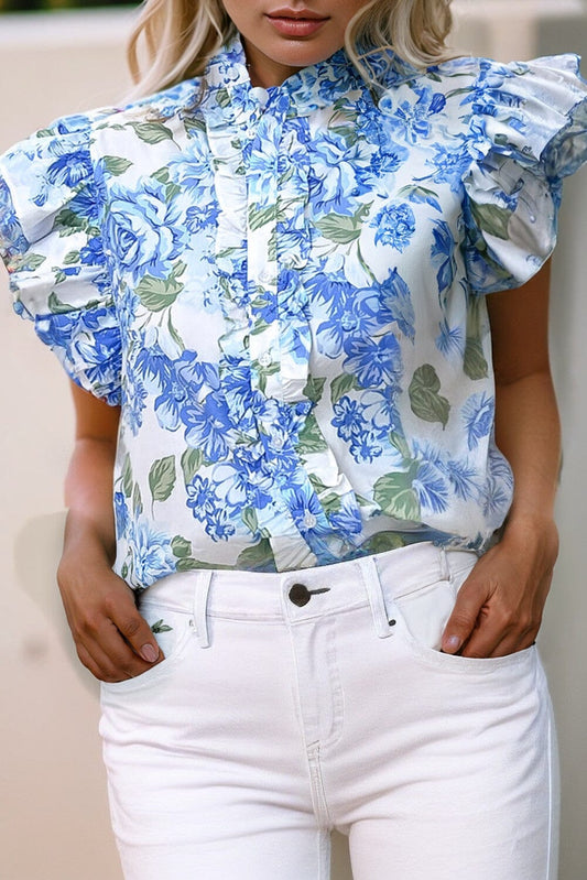 Blue Floral Print Ruffle Sleeve Frill Shirt Shewin 