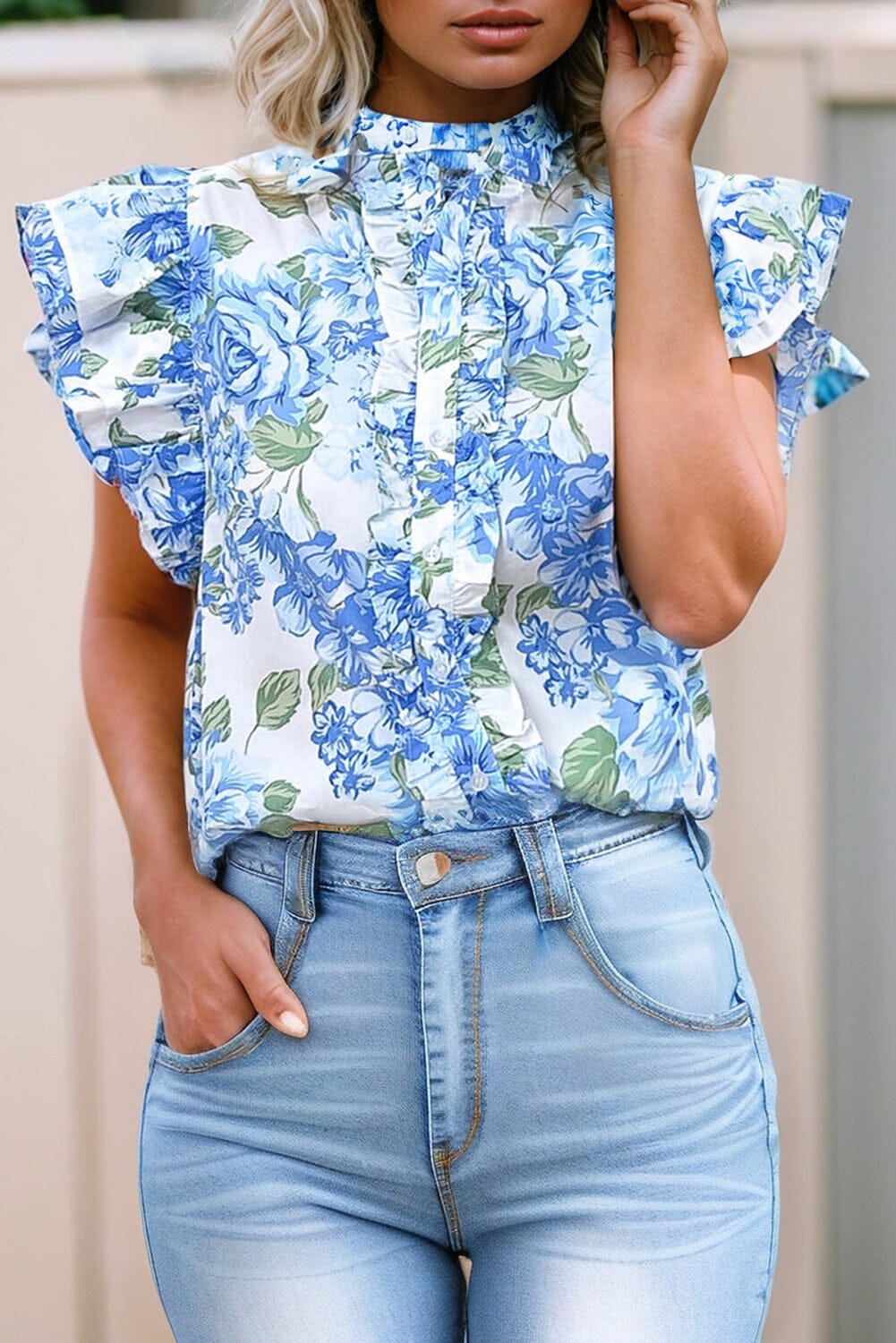 Blue Floral Print Ruffle Sleeve Frill Shirt Shewin 