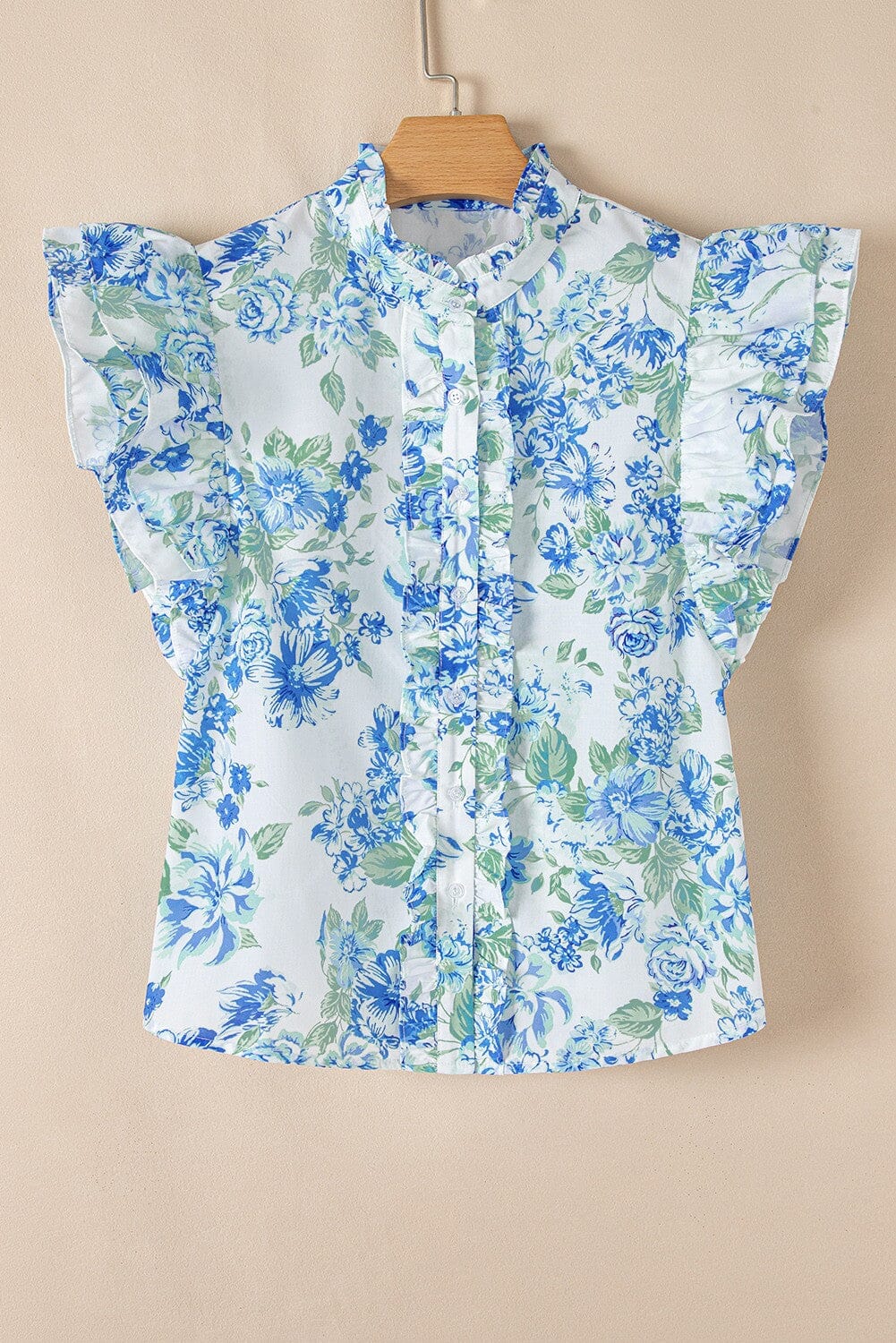Blue Floral Print Ruffle Sleeve Frill Shirt Shewin 