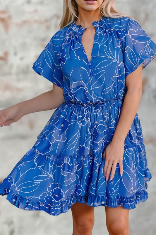 Blue Floral Tiered Dress Shewin 