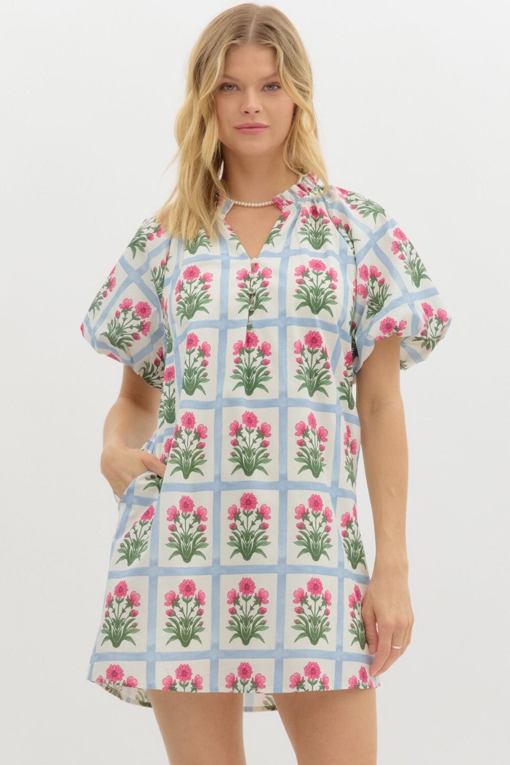 Blue Floral Windowpane Dress Entro 