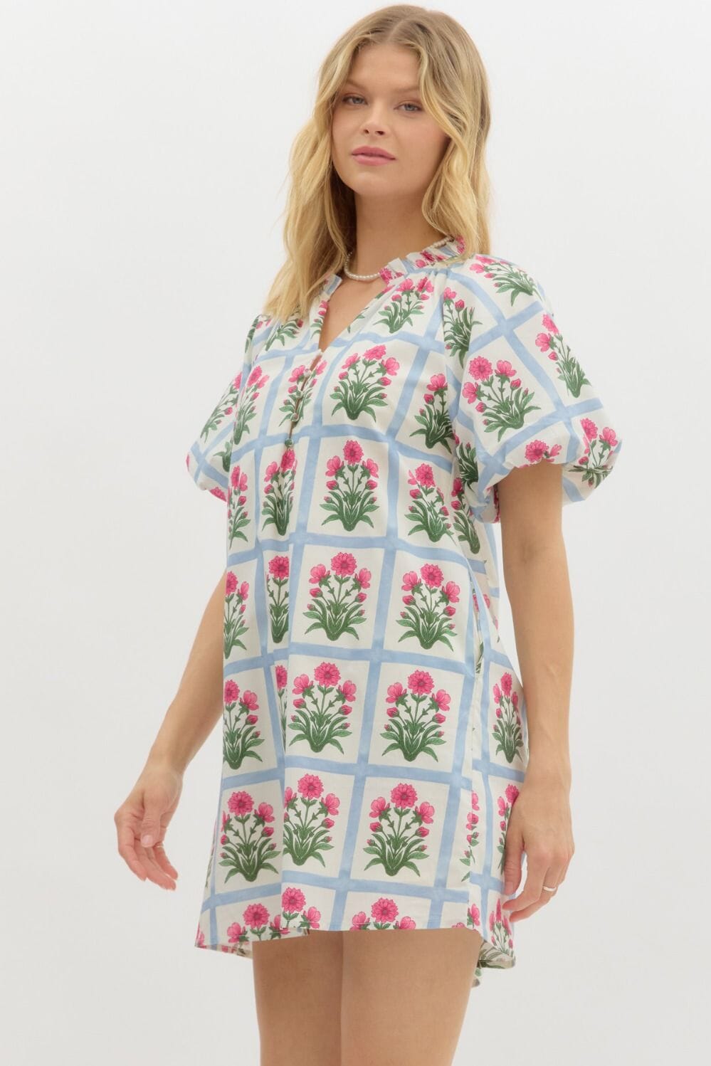 Blue Floral Windowpane Dress Entro 