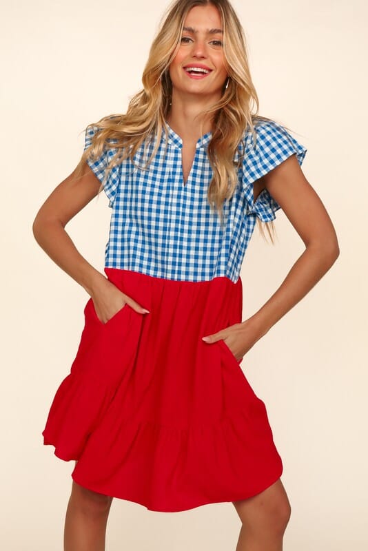 Blue Gingham and Red Colorblock Dress Haptics 