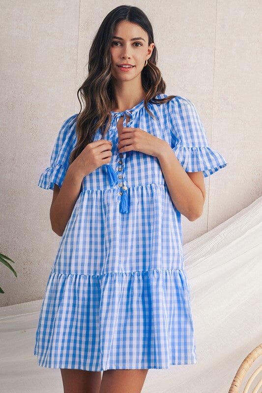 Blue Gingham Dress with Button Detail Shewin 
