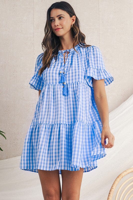 Blue Gingham Dress with Button Detail Shewin 