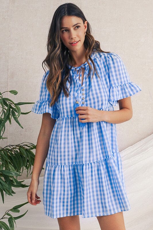 Blue Gingham Dress with Button Detail Shewin 