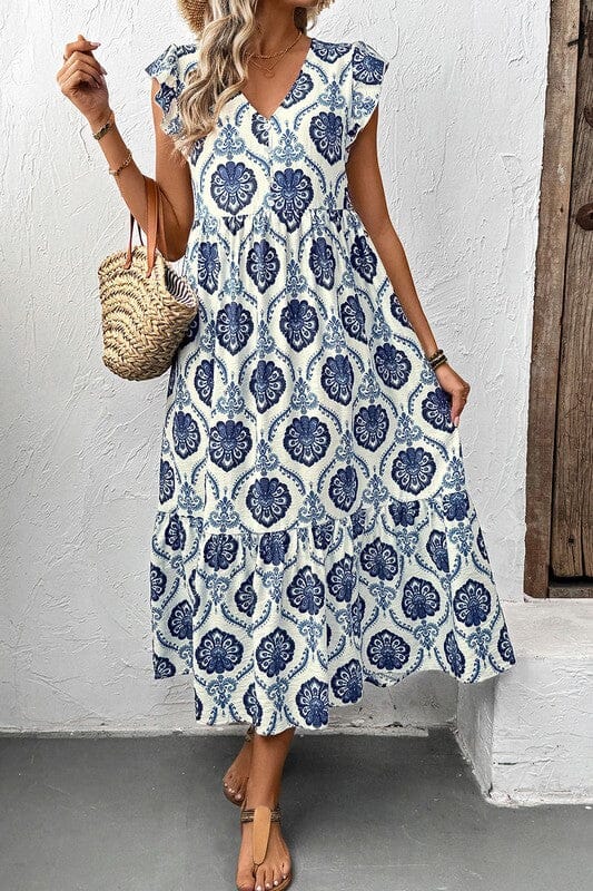 Blue Medallion Print Midi shewin 