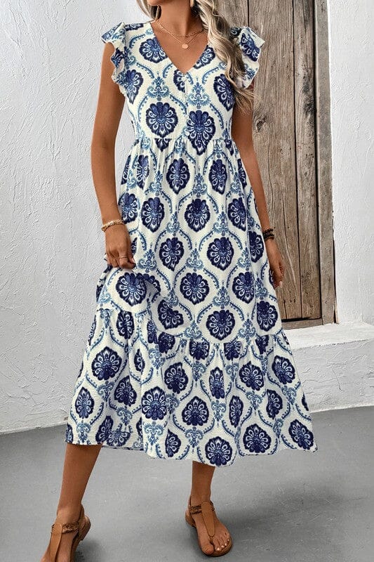 Blue Medallion Print Midi shewin 