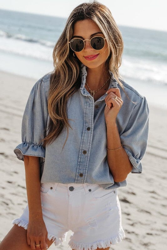 Blue Ruffle Puff Sleeve Chambray Shirt Shiying 