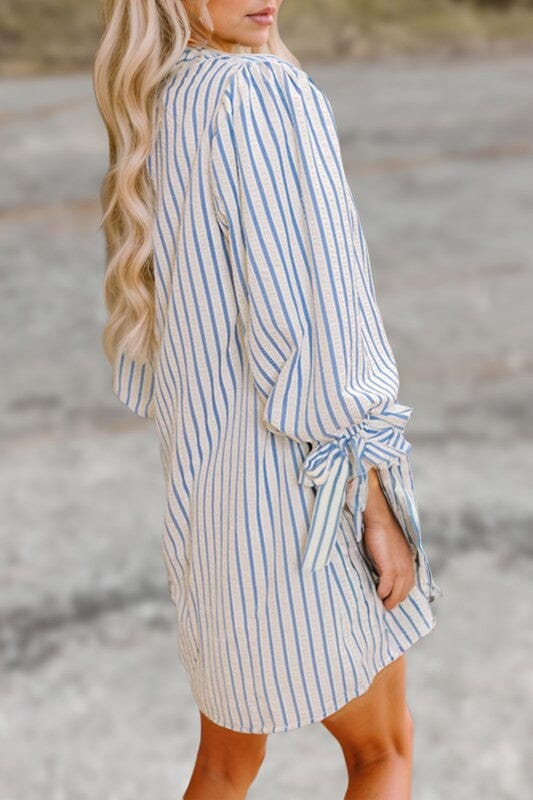 Blue Stripe Balloon Sleeve Dress Shewin 