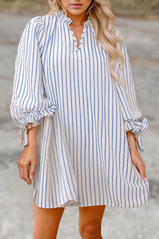Blue Stripe Balloon Sleeve Dress Shewin 
