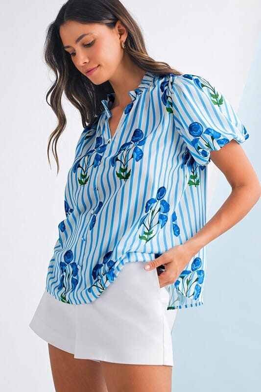 Blue Stripe Bouquet Top Shewin 