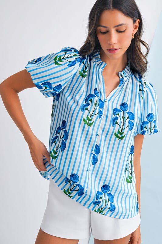 Blue Stripe Bouquet Top Shewin 