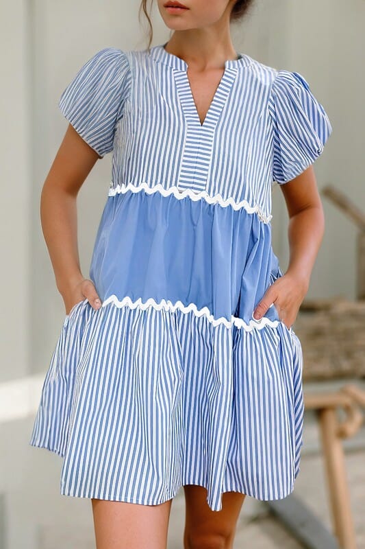 Blue Striped Colorblock Dress Shewin 