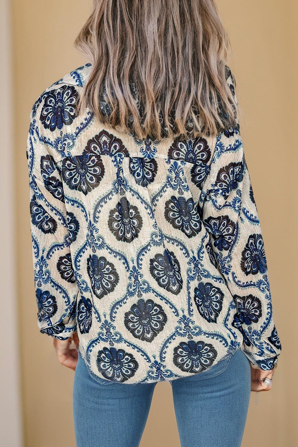 Blue Tribal Pattern Print Buttoned V Neck Shirt shewin 