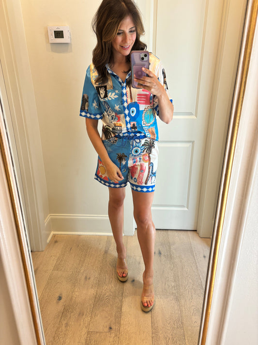Blue Tropical Print Short Set lily clothing 