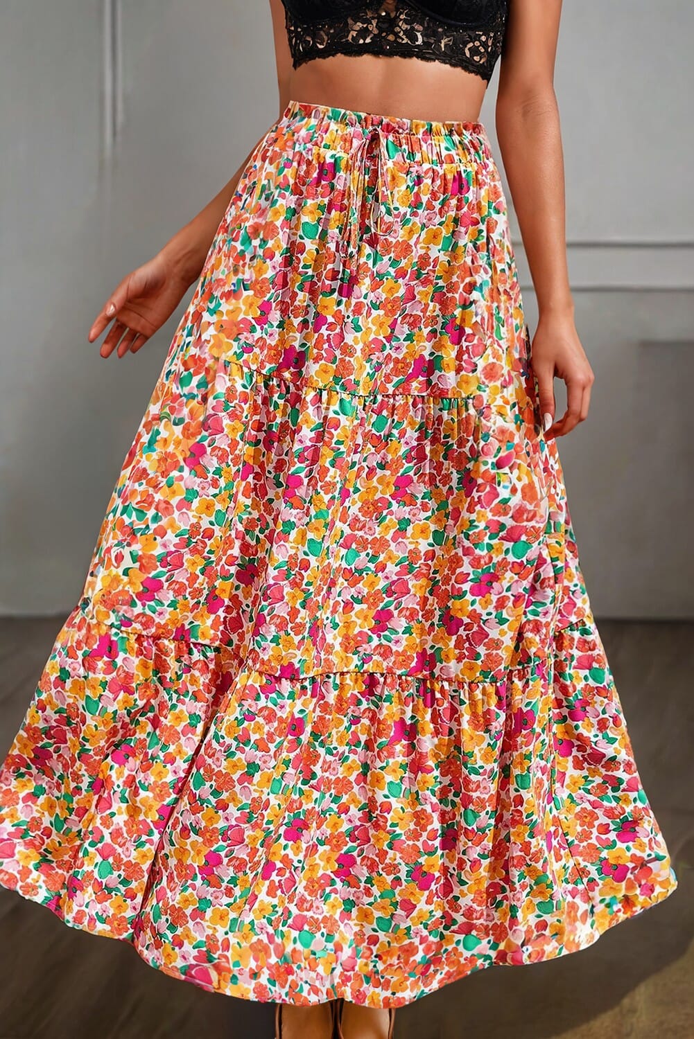 Boho Floral Print Tiered Long Skirt Shiying 