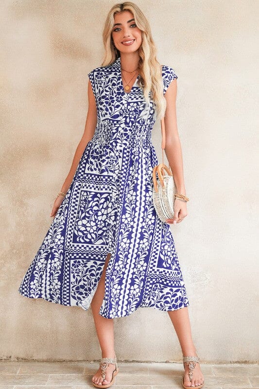 Boho Tile Print Smocked Waist Midi Shewin 