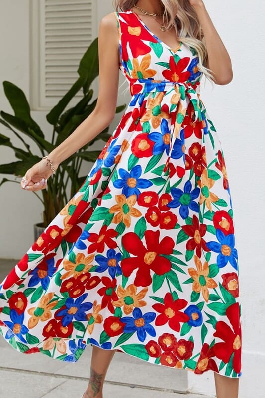 Bold Floral Tie Waist Midi Wholesalesir 