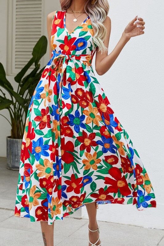 Bold Floral Tie Waist Midi Wholesalesir 