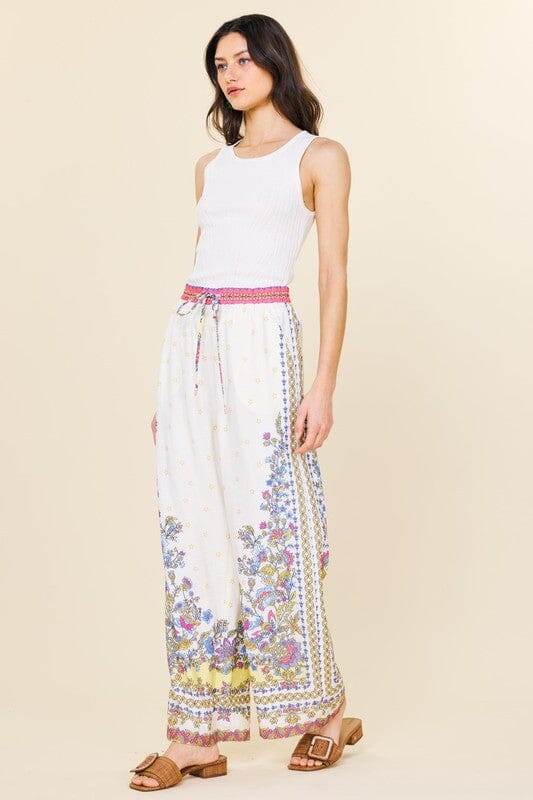 Border Print Wide Leg Pants skies are blue 
