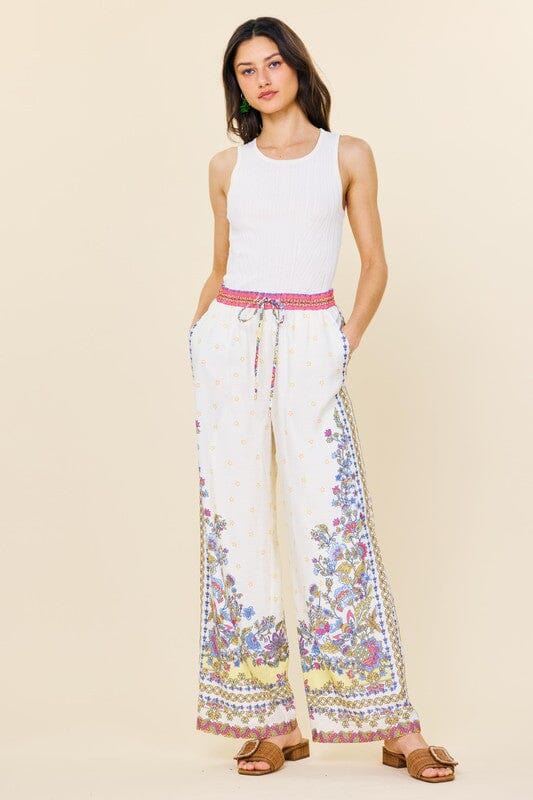 Border Print Wide Leg Pants skies are blue 
