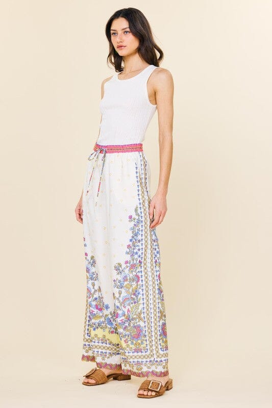Border Print Wide Leg Pants skies are blue 
