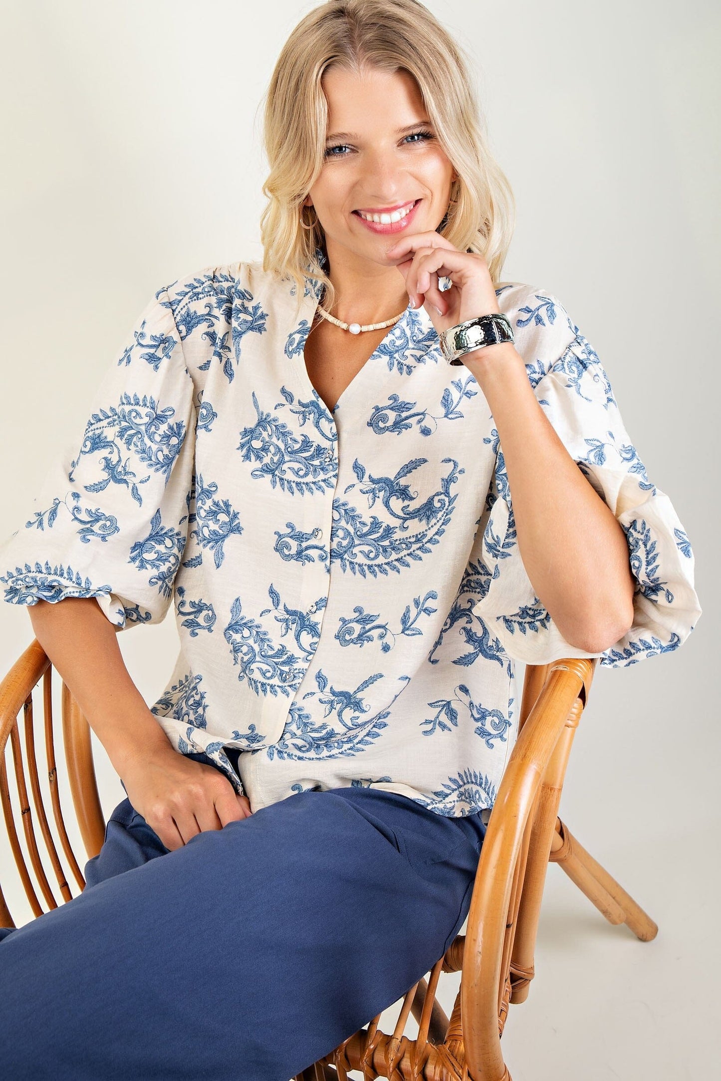 Botton Down Blouse with 3/4 Length Balloon Sleeves Gigio 