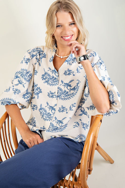 Botton Down Blouse with 3/4 Length Balloon Sleeves Gigio 