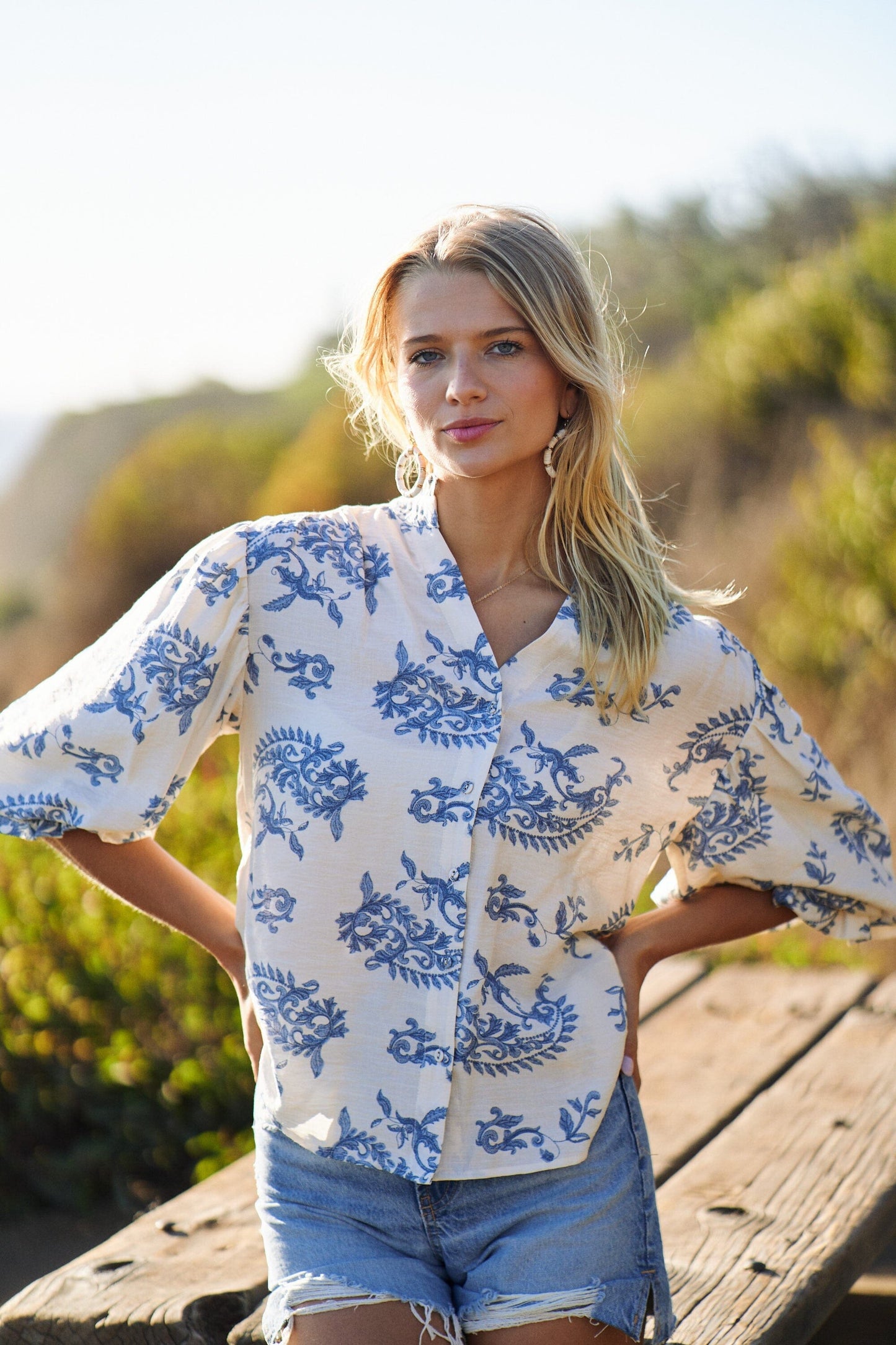Botton Down Blouse with 3/4 Length Balloon Sleeves Gigio 