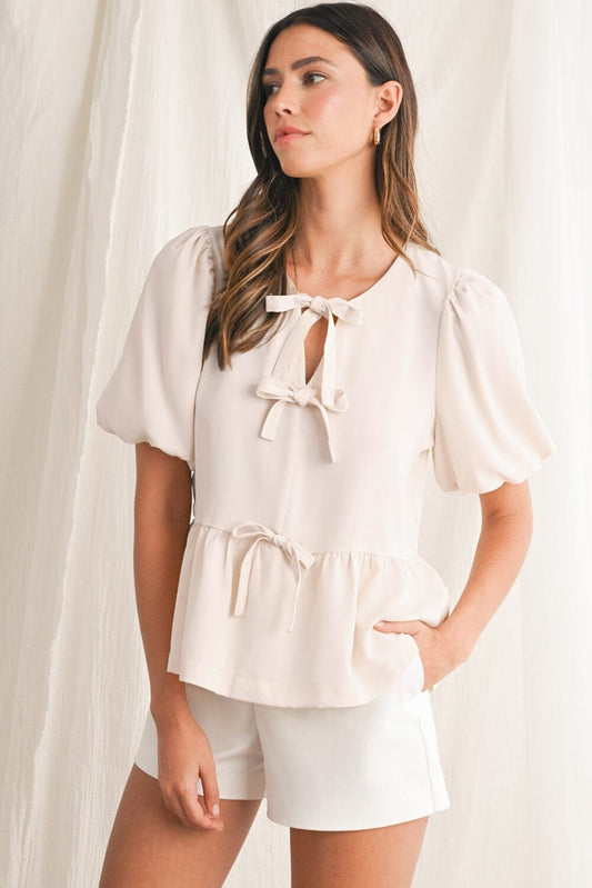 Bowknot Puff Sleeve Peplum Blouse shewin 