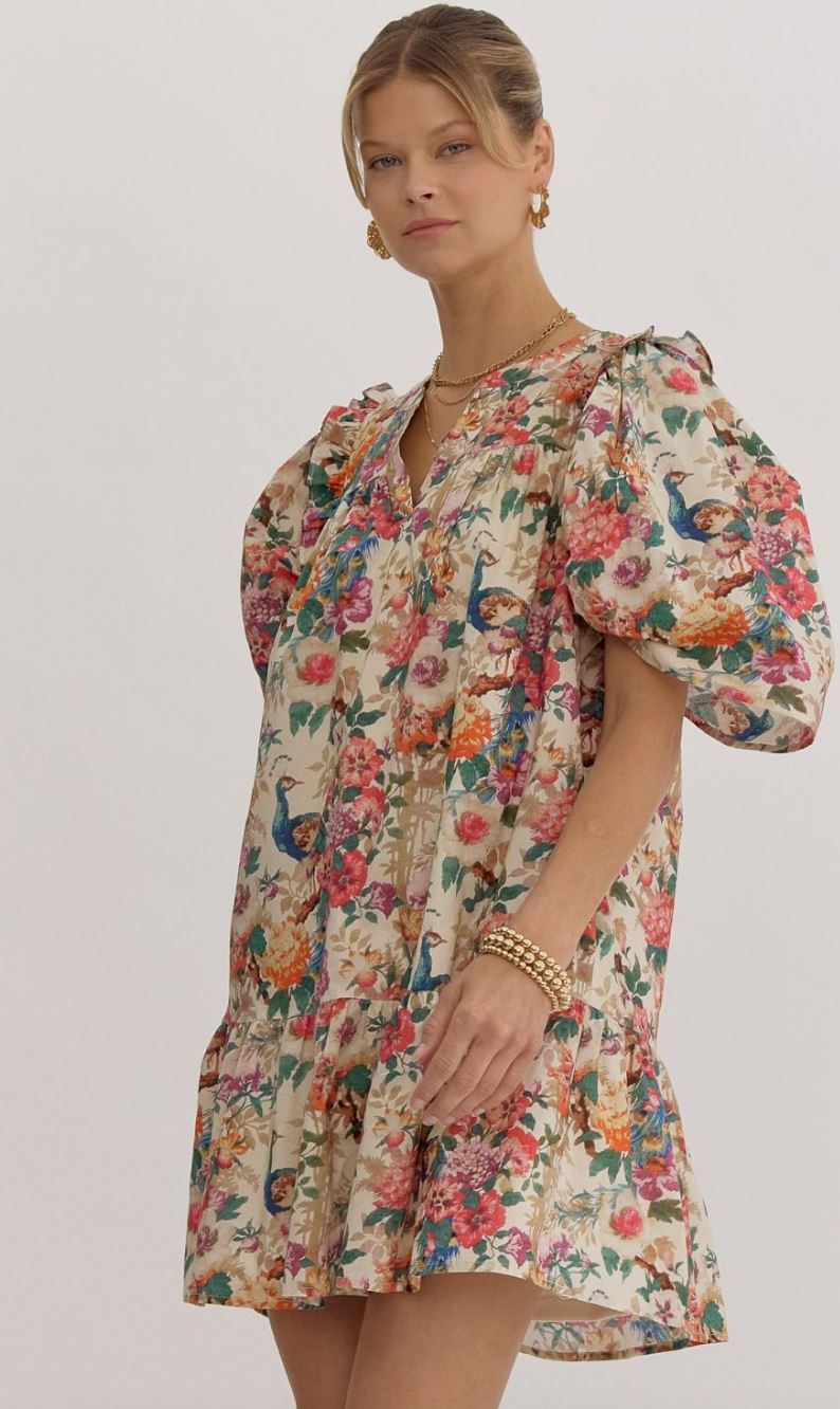 Bright and Bold Floral Puff Sleeve Dress entro 