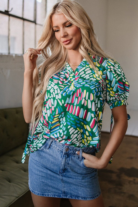 Brushwork Geometric Puff Sleeve Blouse Kentce 